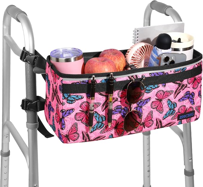 ZHCHG Walker Basket for Seniors, Walker Accessories Bag for Folding Walker | Large Capacity & Never Tipping Over, Best Gift- (Not Fit Rollator Walkers)- Light Pink Butterfly