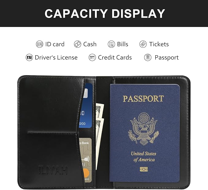 ILIYAH-Passport Cover-Passport Holder Travel Wallet-RFID Blocking Passport Case Travel Accessories Card Holder Wallet Unisex Travel Gifts (Jet Black)