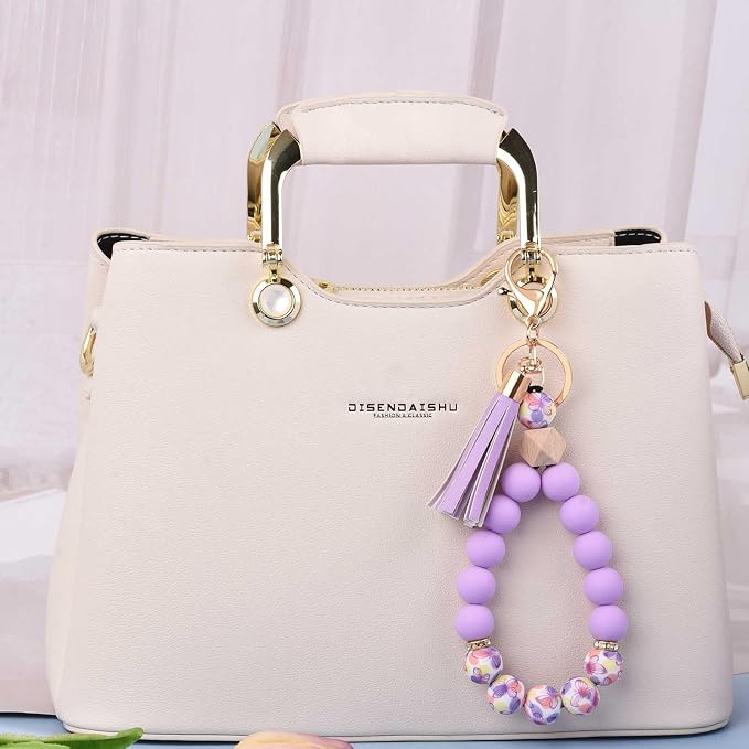 BAOSIWA Silicone Key Ring Bracelet Wristlet Keychain Unique Beaded Bangle Key Chains for Women with Leather Tassel