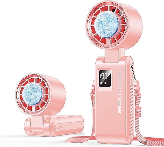 Portable Handheld Fan with Ice Cooling, 7.5m/s High Speed Turbo Fan, 150° Foldable 4-in-1 Personal Neck Fan, 199 Speed Stepless Control, USB-C Rechargeable for Travel, Makeup, Hiking,Pink