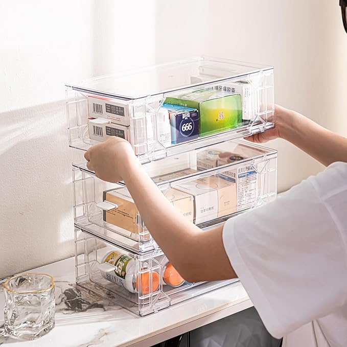 6 Pack Stackable Organizer Drawers, Clear Desk Storage Box,Transparent Drawer in Home, Office and Kitchen Pull Out Organizer Bins for Make Up, Pen, Desktop Stationary (6 Pack)