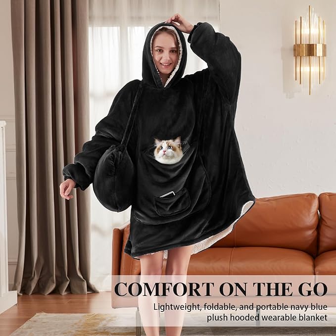 JOYWOO Black Foldable Wearable Blanket Hoodie,Oversized Cat Lovers Sweatshirt Blanket for Adult,Birthday Gifts for Men,Father,Boy,Cozy Fuzzy Sherpa Hooded Blanket with Giant Pocket and Winter Gifts