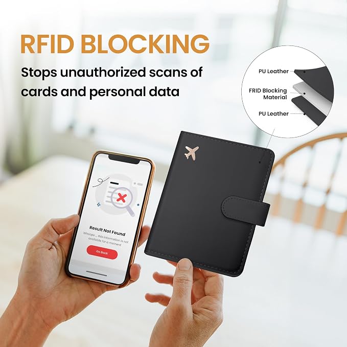 Passport Holder for Travel Essentials, RFID Blocking Leather Cover Wallet with Magnetic Closure, Aesthetic & Cute Passport Book Case for Women and Men - Black
