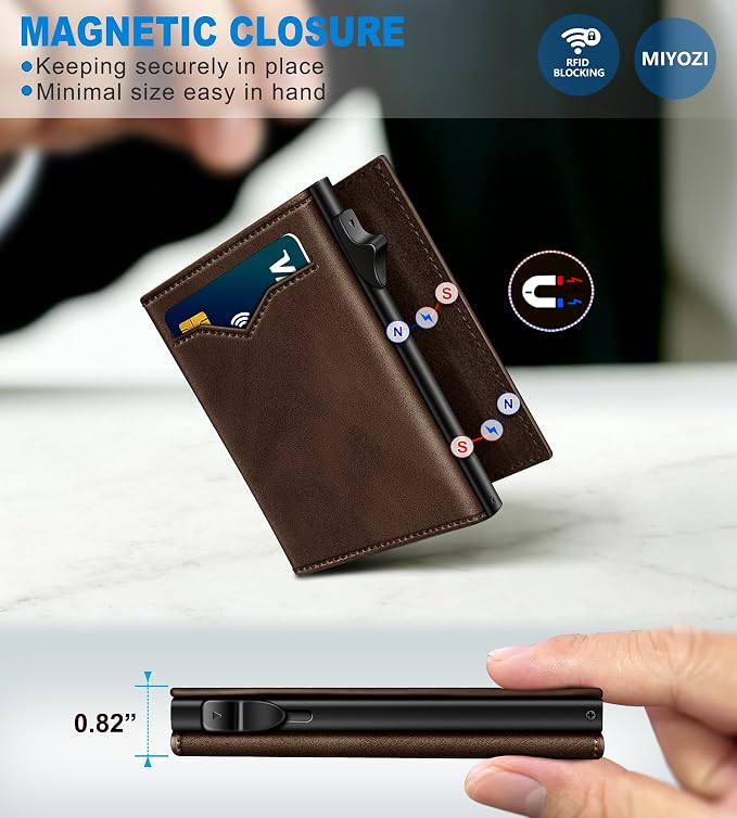 Wallet for Men,with Cash Pocket 2 ID Window 9-13 Cards,Metal Case Smart Slim Pop Up Credit Card Holder Flip with Magnetic Closure RFID Blocking Trifold wallet with Gift Box