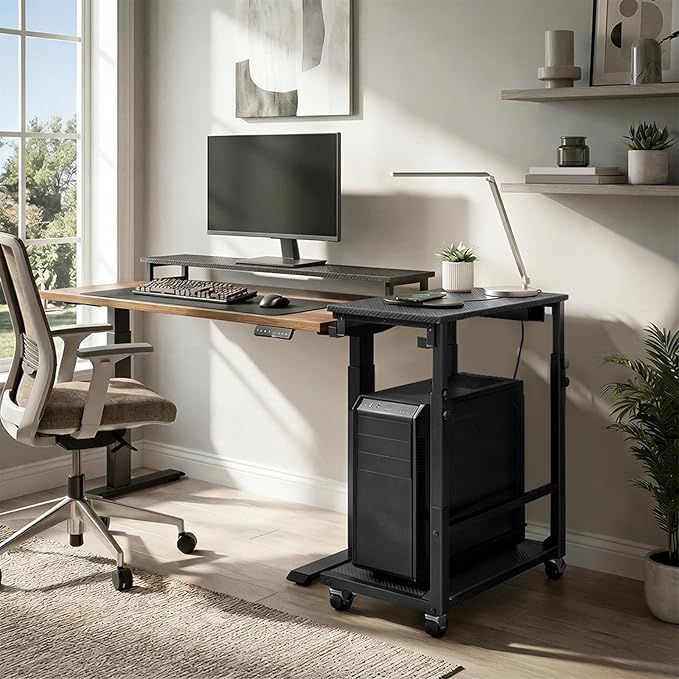 Computer Tower Stand with Power Outlet, Mobile PC Stand for Floor, Height Adjustable PC Holder Cart Under Desk, 26.6"-32.7" H, for Home Office, Gaming Room, Black PCHS216E01