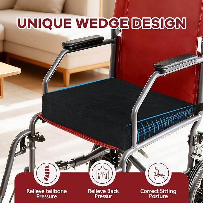 Wedge Wheelchair Seat Cushion Velvet and High Density Foam Wheelchair Cushions with Adjustable Elastic Strap 16 * 18 * 2-4 Inch Chair Support for Wheelchair Office Car