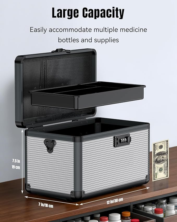 Uniclife Medicine Lock Box, 12x7x7.5 in, Medication Lock Box with Code | Security combination lock, robust aluminum construction,portable rust-proof handle, removable ABS tray, large capacity