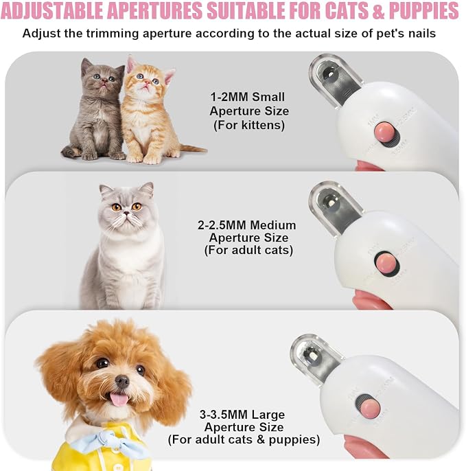 Professional Cat Nail Clipper and Trimmer with 3 Adjustable Safety Levels (1-3.5mm), Kitten Supplies, Puppy Grooming Tools, with Debris Catcher & Hidden Nail File Pink