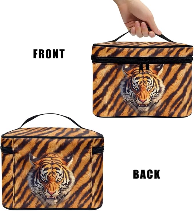 Tiger Head Print Cosmetic Bag Makeup Bags Toiletry Pouch, Black Orange Tiger Stripes Makeup Cosmetic Organizer Dopp Kit Travel Accessories Essentials
