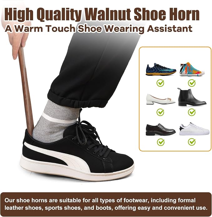 Wooden Shoe Horn Long Handle 15in 29.53in,Fas-Grade Walnut Wood Extra Long Handled Shoehorn For Men Women Seniors