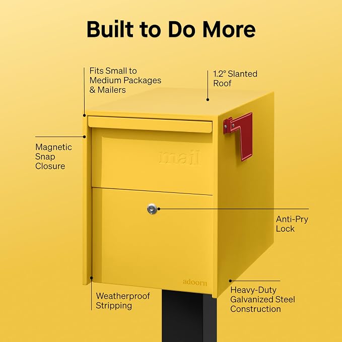 Adoorn Lockable Post Mount Mailboxes for Outside - Large Anti-Theft Locking Mailbox for Packages and Letters - Weatherproof Construction - Durable Steel - 15.5" H x 12" W x 18.5" D - Yellow