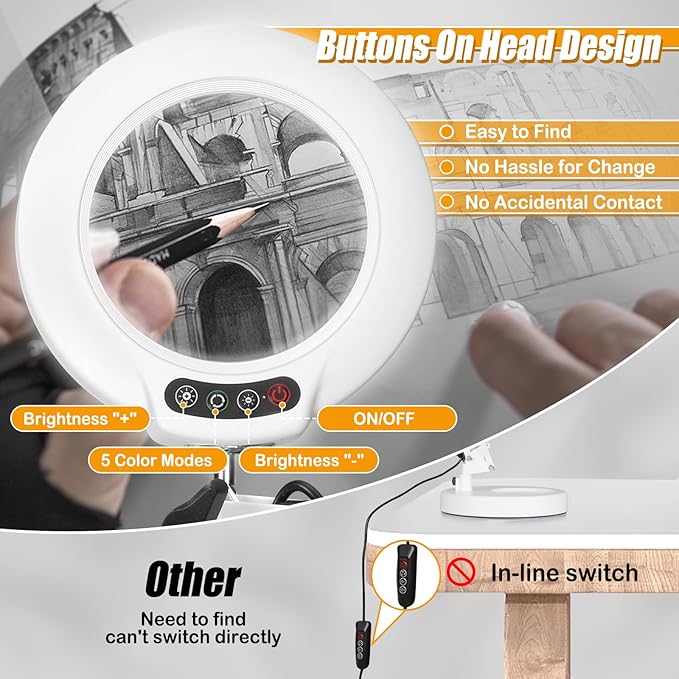 10XMagnifying Glass with Light and Stand (No Acrylic Lens), 2-in-1 Lighted Magnifier with Clamp, 5 Color Modes Dimmable LED Desk Lamp Hands Free for Painting Craft Sewing Hobby Close Work White