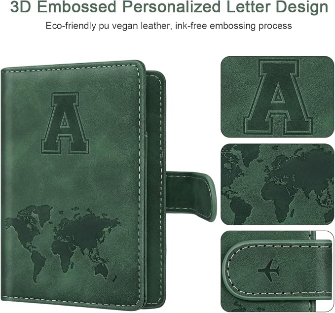 Passport Holder Wallet Cover Personalized Initial Travel Essentials | Embossed Letter A-Z Design, Travel Wallets, RFID Blocking, Passport Book Holders, Women Men, Personalized Gifts, Green-A