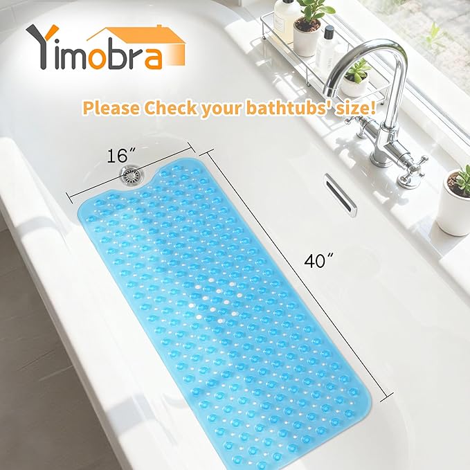 Yimobra Non Slip Bathtub Mat 40 x 16 Inch, Extra Long Shower Mat with Drain Holes, Machine Washable Baby Bath Mats, Strong Suction Cups for Bathroom Floor, Clear Blue