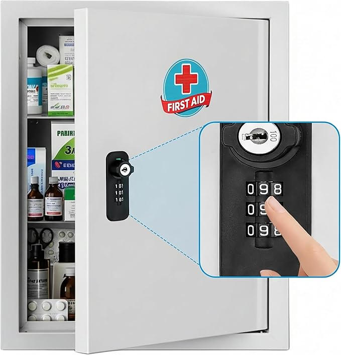 Locking Medicine Cabinet with Combination Lock and Safety Key | Rust-resistant galvanized steel, wall mounted first aid storage for bathroom, home, office and school