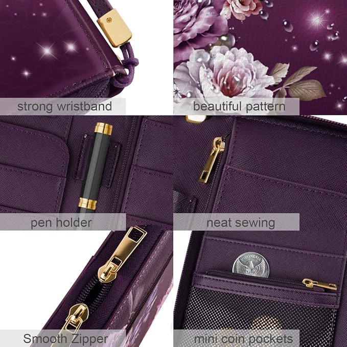 Family Passport Holder Wallet RFID Blocking Document Organizer | PU Leather Mulit-purpose Travel Wallet Credit Cards Case for Women Men, Purple Floral