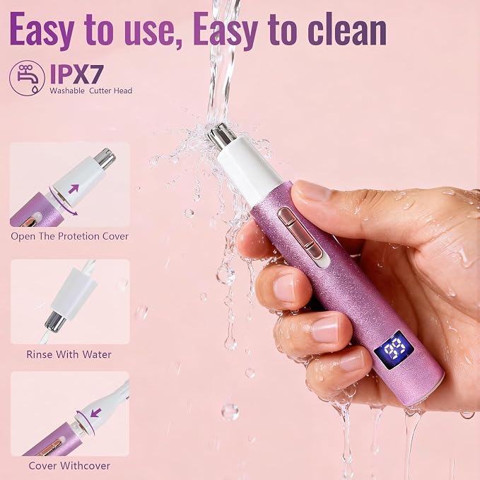 Nose & Ear Hair Trimmer for Women and Men, 2026 Painless USB Rechargeable Facial & Eyebrow Trimmer Clipper with LED Display for Easy Cleansing, Portable Grooming Kit,Gift Box Included (Pink)