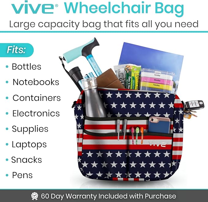 Vive Wheelchair Bag - Machine Washable, Double-Stitched, Water-Resistant Accessory Backpack for Rollators, Wheel Chairs, Walkers - Pouch with XL Pockets & Straps for Quick Installation