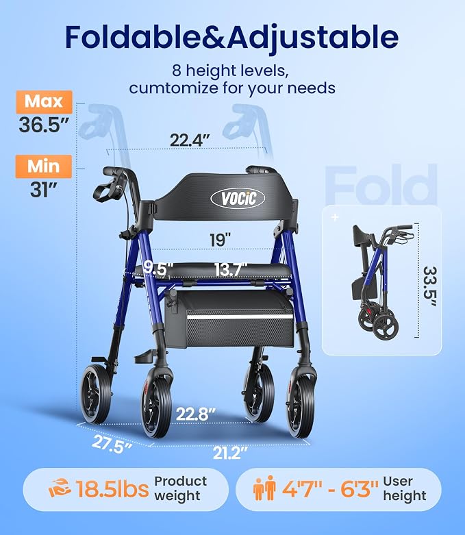 VOCIC Z21 Rollator Walker for Seniors with Seat, 8" All Terrain, 350 LBS | Lightweight Foldable & Dual Height Adjustable for Seniors, Ergonomic Arc Seat&6" Ultra Backrest Provide Comfort, Blue