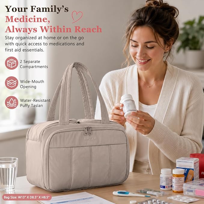 Travel Medicine Storage Bag with 2 Compartments, Wide-Mouth Medical Organizer, Puffy Lightweight First Aid Bag for Prescription Bottles, Pill Cases, Medical Supplies & Family Emergency Essentials