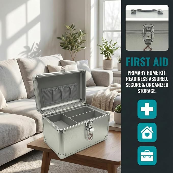 Medicine Lock Box, First Aid Safe Medication Storage Box, Layered Aluminum Daily Medicine Lockable Box with Key for Home, Dorm, Office 9.5 x 6 x 6.3 inches