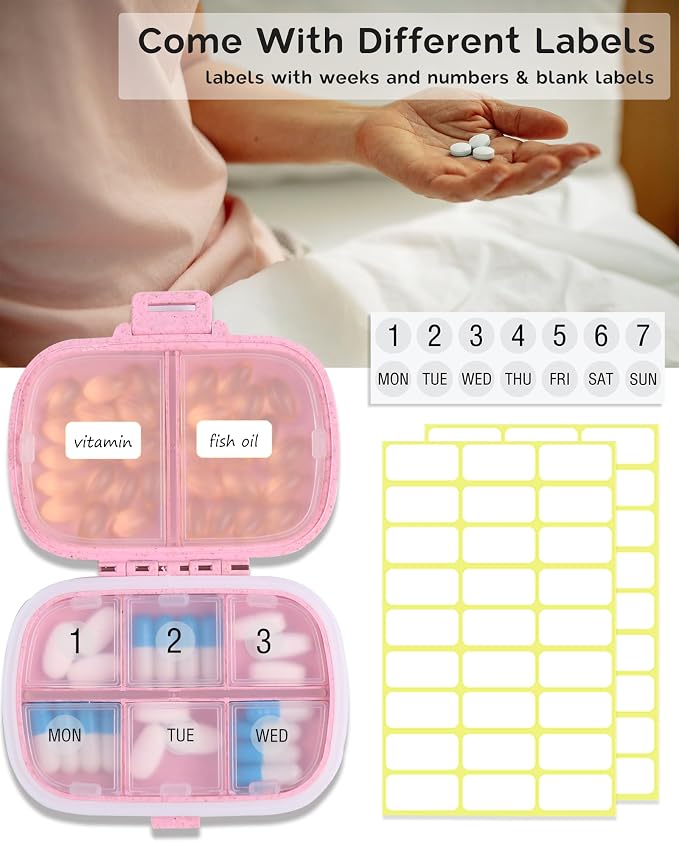 8 Compartments Travel Pill Organizer, Daily Pill Case Small Pill Box for Pocket Purse, Portable Pill Container Medicine Vitamin Organizer (Pink)