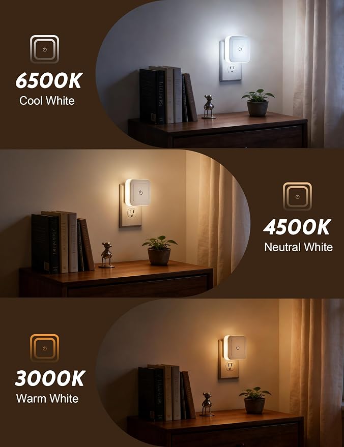 Sujeet Night Light, 4 Pack 1-50LM Stepless Dimming LED Night Light with 3CCT (3000K/4500K/6500K), Night Lights Plug into Wall for Adults, Bedroom, Bathroom, Hallway, Kitchen, Kids, No Light Sensor
