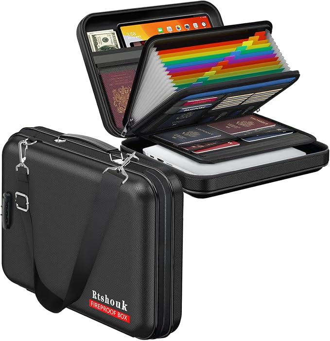Fireproof Document Box with Lock & Shoulder Strap - Waterproof Hard-Shell File Organizer with Pocket Accordion File Folder, Portable Fireproof Box Safe Storage for Important Documents, Laptop
