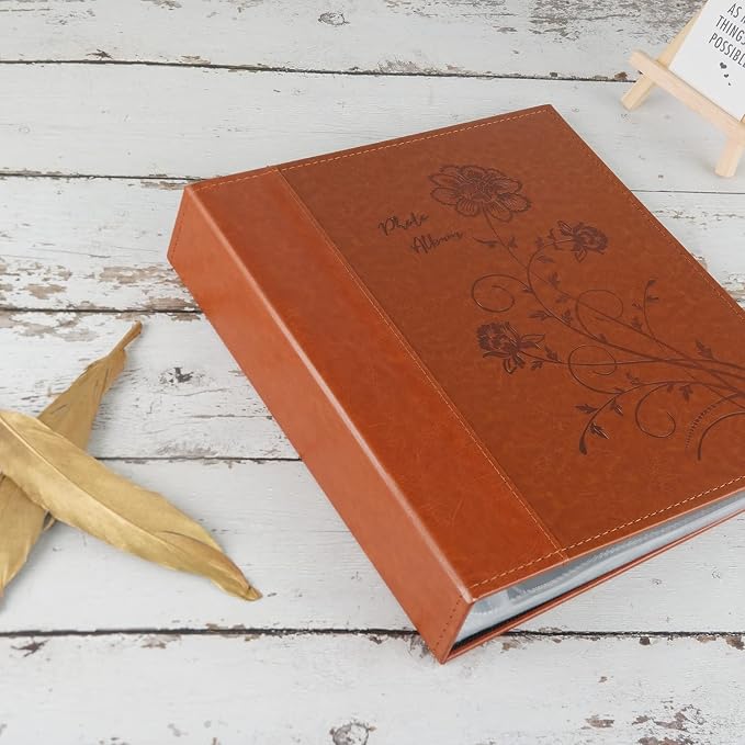 Photo Album 8x10 Clear Pages Pockets Leathe Cover Slip Slide in Photo Album Holds 50 Vertical 8x10 Photos Picture Book for Wedding Family (Brown)