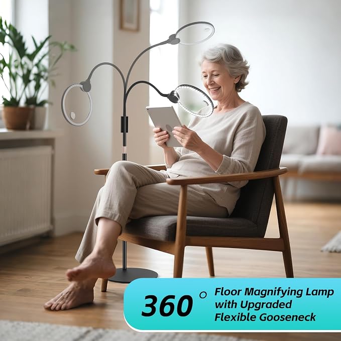10X Floor Magnifying Glass with Light and Stand with Glass Lens, Magnifying Floor Lamp with Light Adjustable Height, 3 Color Modes, 360° Flexible Gooseneck Hands Free Magnifier for Close Work