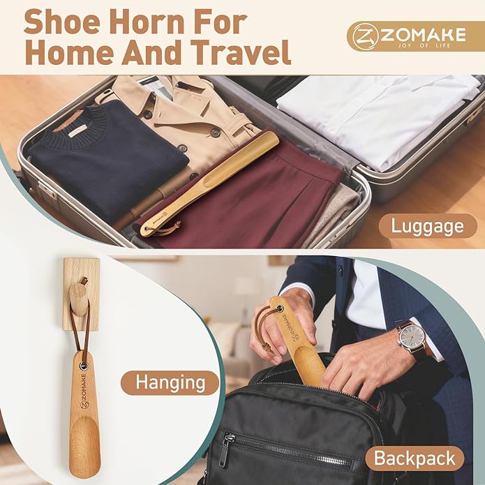 ZOMAKE Shoe Horn Long Handle for Seniors Men Women, Wooden Long Shoehorn Boot Horn, Travel Small Wood Shoe Spoon for Kids