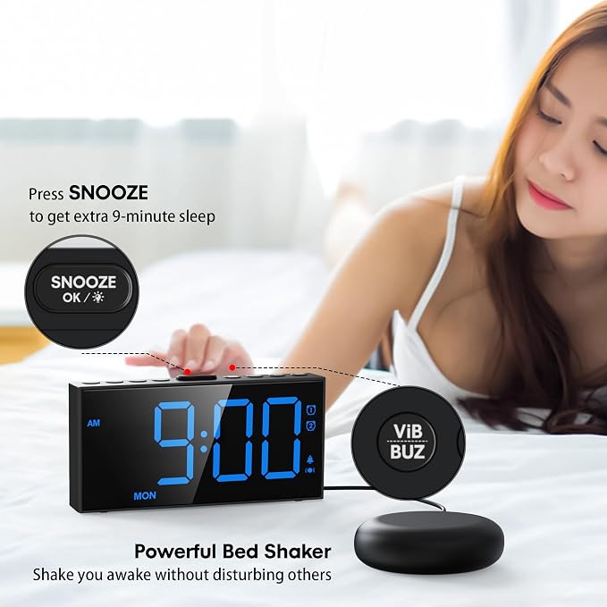 Mesqool Loud Alarm Clock with Bed Shaker & Dual Alarms, USB Port | Extra Loud Vibration Alarm Designed for Heavy Sleepers & Hearing Impaired. 5-level Dimmer, Battery Backup, Snooze & DST.