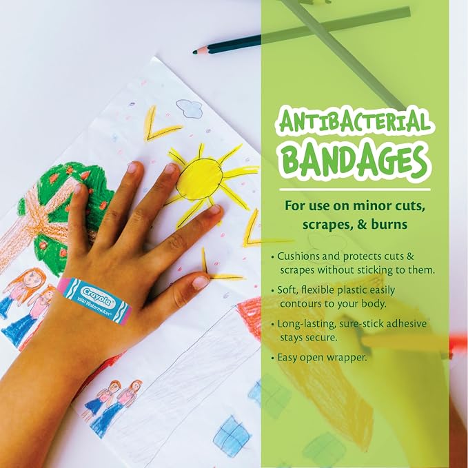 Crayola Shaped Neon Antibacterial Bandages for Kids, 100 CT - Adhesive Bandages for Minor Cuts, Scrapes, & Burns. Great Stocking Stuffer or White Elephant Gift
