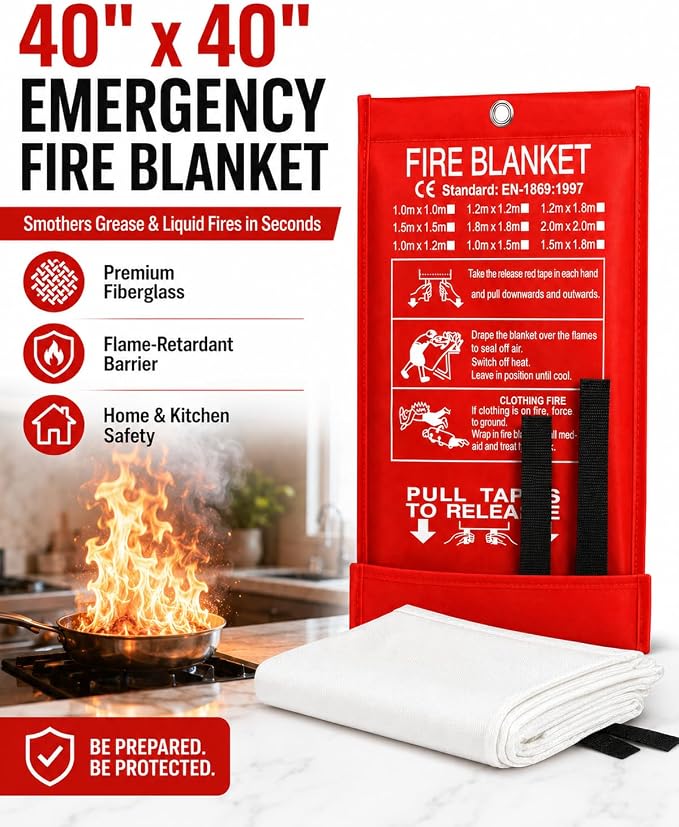 Ougist 4 Pack Emergency Fire Blanket for Home and Kitchen, 40"x40" Fire Blankets for Safety, Fiberglass Flame Suppression for Grill, RV & Camping, Peace of Mind for Your Family