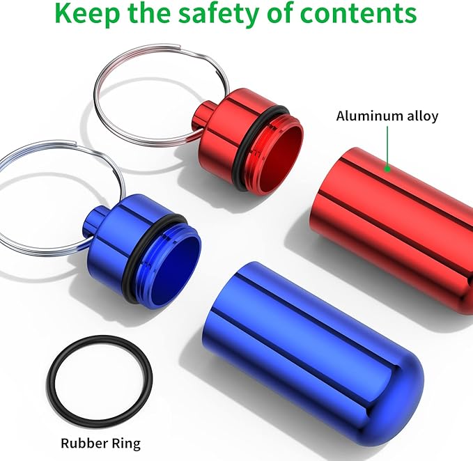 Small Portable Pill Case with Keychain, (10 Pack + 10 Carabiner Clips) Waterproof Aluminum Pill Organizer Metal Mini Box Pocket Drug Storage Container for Outdoor Camping Travel