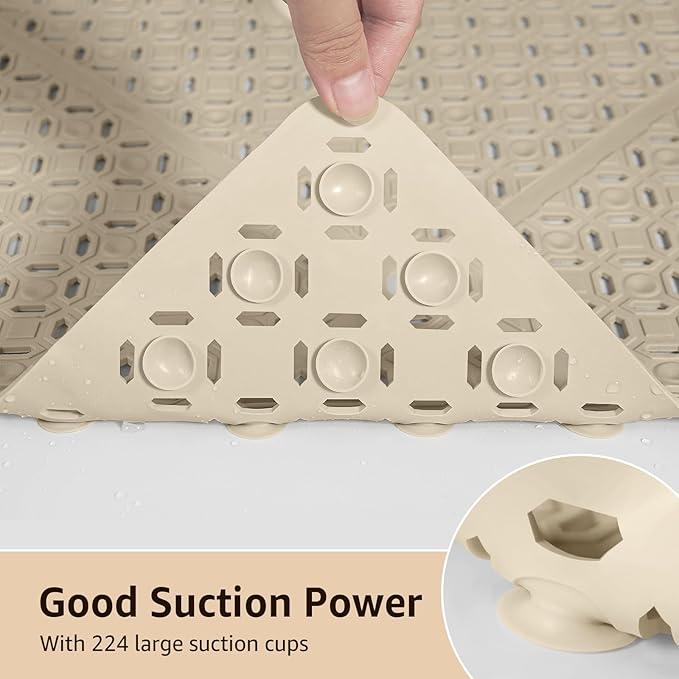 Yolife Square Shower Mat, 27" x 27" Large Shower Mat with Drain Hole in Middle, Soft TPE Non Slip Shower Mats for Inside Shower with Suction Cups, Anti Slip Washable Shower Floor Mat, Brown