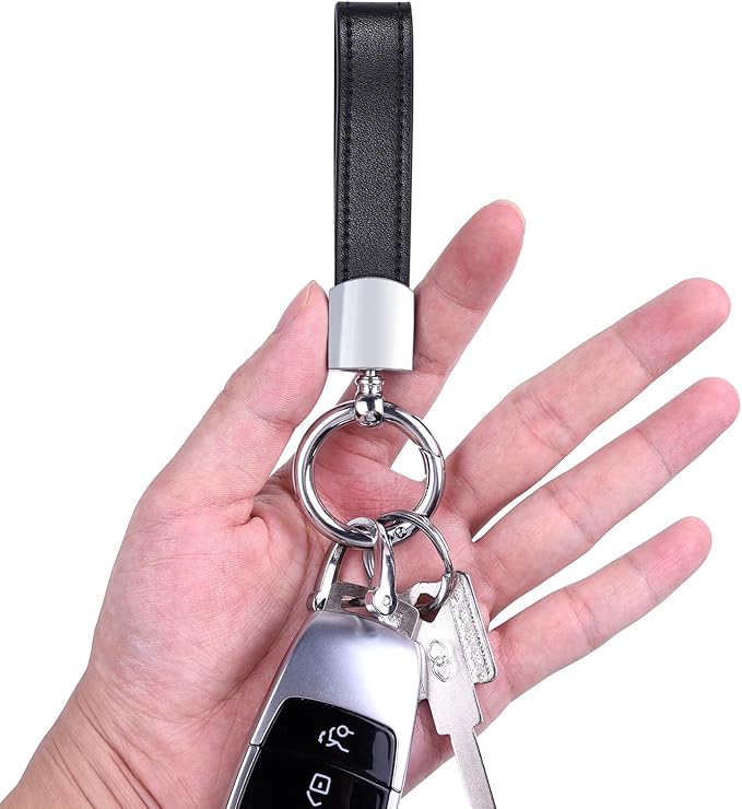 Wisdompro Genuine Leather Car Keychain, Universal Key Fob Keychain | Leather Car FOB Key Chain Holder for Men and Women, 360 Degree Rotatable, with Anti-lost D-ring and 3 Keyrings