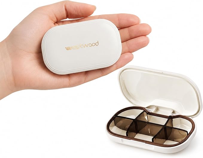 HyJeryty 6-Compartment Pill Organizer - Small Compact Travel Pill Case for Vitamins, Medication and Supplements - Portable White Medicine Pill Box with Stylish Design