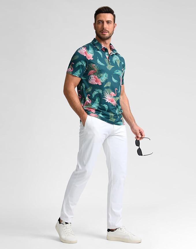 Obla Mens Golf Polo Shirts Short Sleeve Dry Fit Performance Moisture Wicking Casual Print Collared Golf Shirts for Men