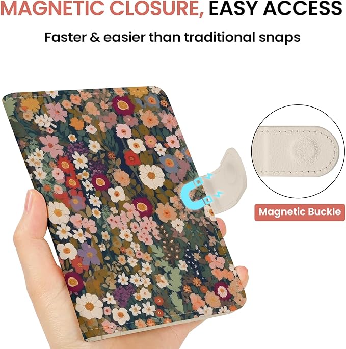 Passport Holder for Travel Essentials, RFID Blocking Leather Cover Wallet with Magnetic Closure, Aesthetic & Cute Passport Book Case for Women and Men - Flower