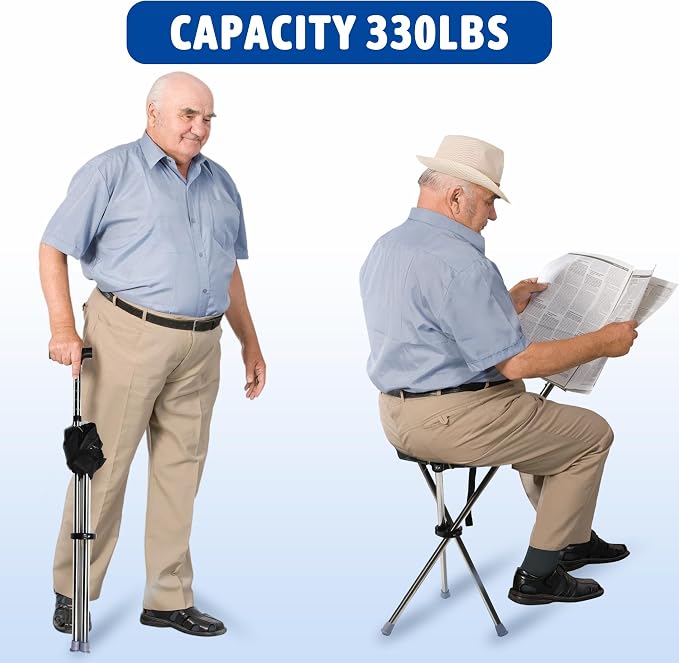 FATTCHIAR Walking Cane with Seat, Adjustable Height 34"-38" Cane Chair Capacity 220lbs, Folding Lightweight Portable Stool for Adults Seniors