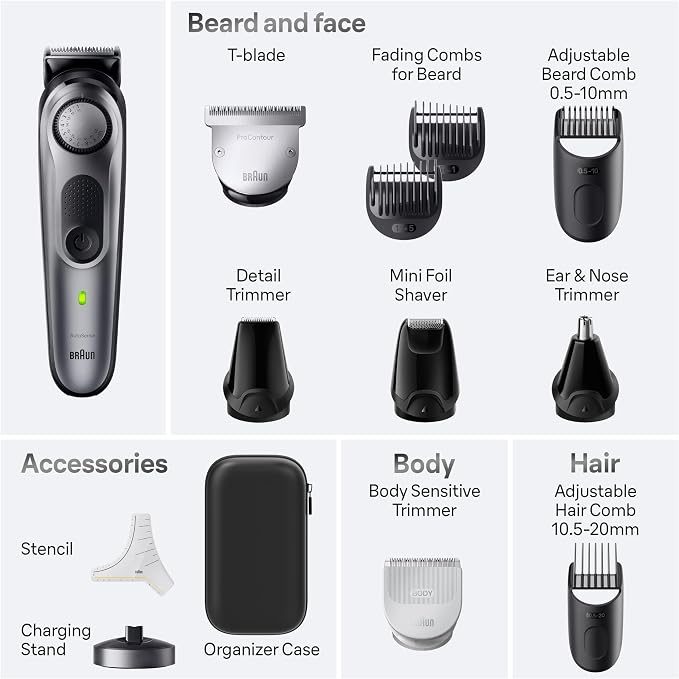 Braun All-in-One Men's Shaving Kit Series 7 7440, 12-in-1 Beard, Face, Nose, Ear Trimmer, Hair Clippers, Body Groomer and Manscaping + Travel Case + Charging Stand