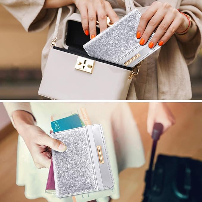 Coco Rossi Passport Holder for Travel Women Slim RFID Passport Cover Wallet | Travel Essentials, Passport Book Holders, Passport Wallet Cover Case, PU Leather, Cute, Thin, Spliced Design, Glitter Silvery