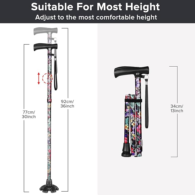 Floral Canes for Women Folding Cane for Stability with Non-Slip Base, Adjustable Walking Cane for Seniors - Lightweight Collapsible Walking Sticks with T & Offset Handle