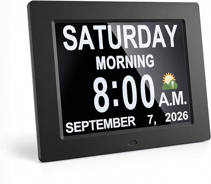 JALL 7" Large Digital Calendar Day Clock for Seniors 2026 - Easy to Read Alzheimer's Dementia Memory Loss Clock for Elderly with IPS Wide Angle，Day & Date, 12 Custom Alarms & Auto-Dimming, Black