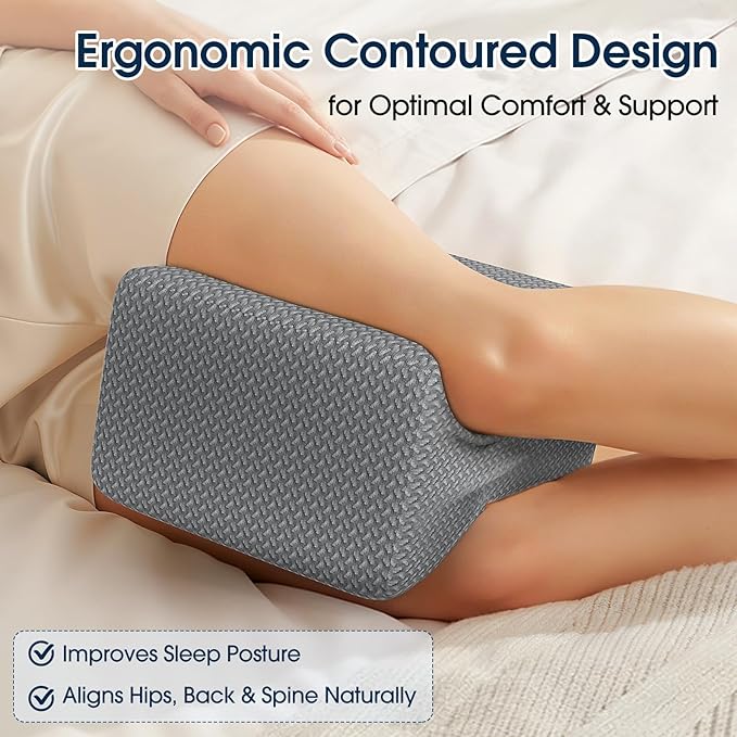 BlissTrends Memory Foam Knee Pillow, Knee Pillow for Side Sleepers, Leg Pillows for Sleeping Blood Circulation, Elevation Pillow for Spine Aligning, Sciatica, Hip, Knee, Ankle Pain, Grey, Medium