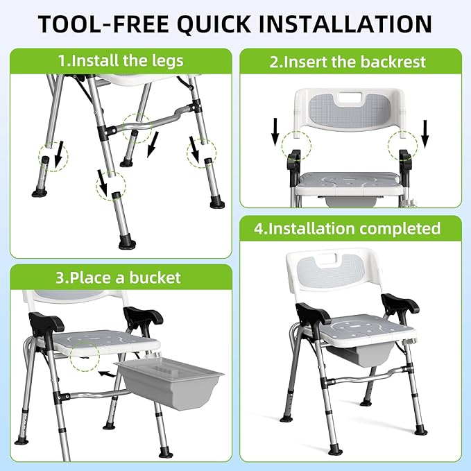 3-in-1 Shower Chair for Seniors, Foldable Bedside Commode, Height Adjustable Raised Toilet Seat with Removable Bucket, Padded Arms & Back Support for Elderly, Adults, 400 lbs Capacity (White)