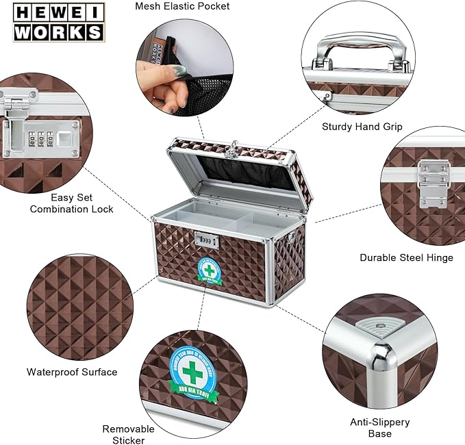Storage Lock Box with Combination Lock, Lockable Medicine Storage Box, Empty First Aid Box, Security Lock Box, Multipurpose Locking Box for Home and Outdoor Use (Coffee, Large)