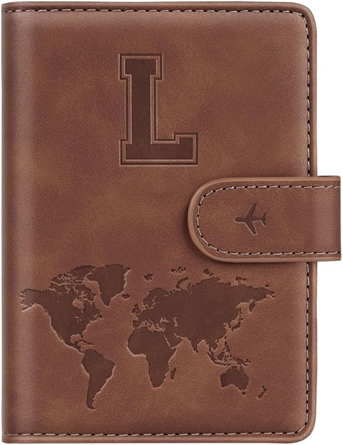 Passport Holder Wallet Cover Personalized Initial Travel Essentials | Embossed Letter A-Z Design, Travel Wallets, RFID Blocking, Passport Book Holders, Women Men, Personalized Gifts, Brown-L
