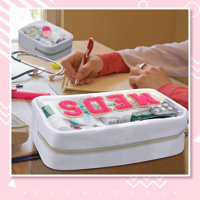 Hillban 2 Pcs Medicine Bag Chenille Letter Patch Meds Bags Travel Cases Preppy Clear Nylon Portable Makeup Bags Zipper Cosmetic Toiletry Storage for Women PVC Transparent Mini First Aid Bag(Adorable)